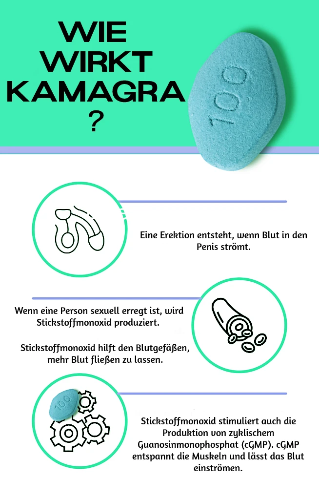 Die Infografik zeigt, wie Kamagra in 3 Schritten wirkt.